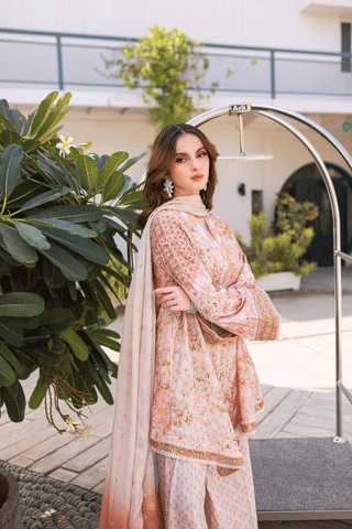 Silk Tunic - 2PCS HAND EMBELLISHED  SHIRT WITH TROUSER-SS24DA-2670 PEACH