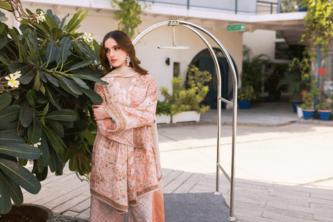 Silk Tunic - 2PCS HAND EMBELLISHED  SHIRT WITH TROUSER-SS24DA-2670 PEACH