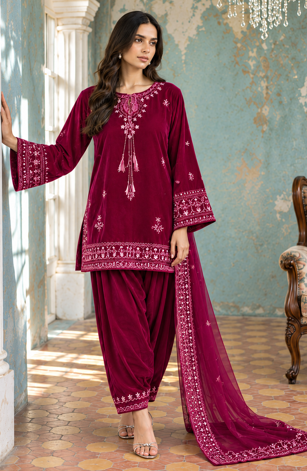 FW26DA-3005 DARK PINK 2PCS  EMBROIDERED KURTA WITH TROUSER