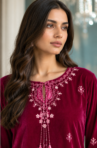 FW26DA-3005 DARK PINK 2PCS  EMBROIDERED KURTA WITH TROUSER
