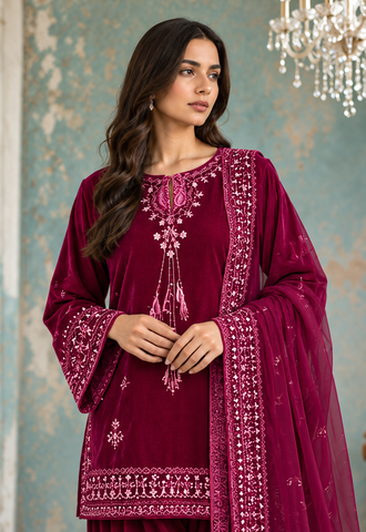 FW26DA-3005 DARK PINK 2PCS  EMBROIDERED KURTA WITH TROUSER