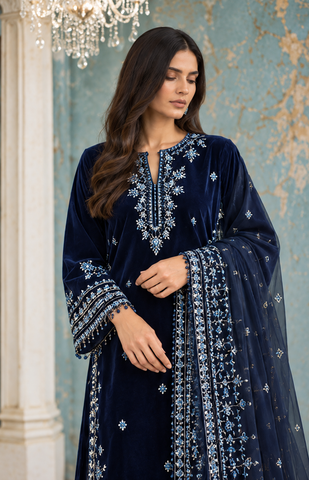 FW26DA-3004 NAVY BLUE 2PCS  EMBROIDERED KURTA WITH TROUSER