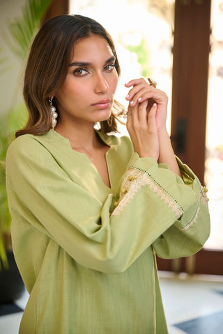 DC-2247 GREEN 2PCS  EMBROIDERED KURTA WITH TROUSER