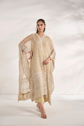 SS24DA-2471   BEIGE  2PCS  EMBROIDERED KURTA WITH TROUSER