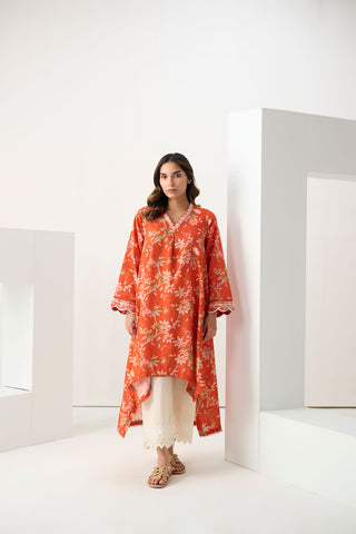 DC-0552 ORANGE PRINTED EMBROIDERED KURTA