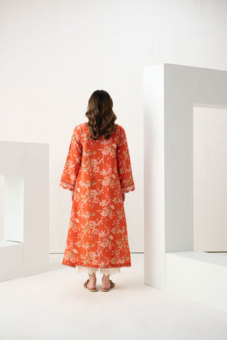 DC-0552 ORANGE PRINTED EMBROIDERED KURTA