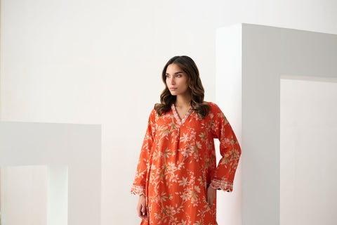 DC-0552 ORANGE PRINTED EMBROIDERED KURTA