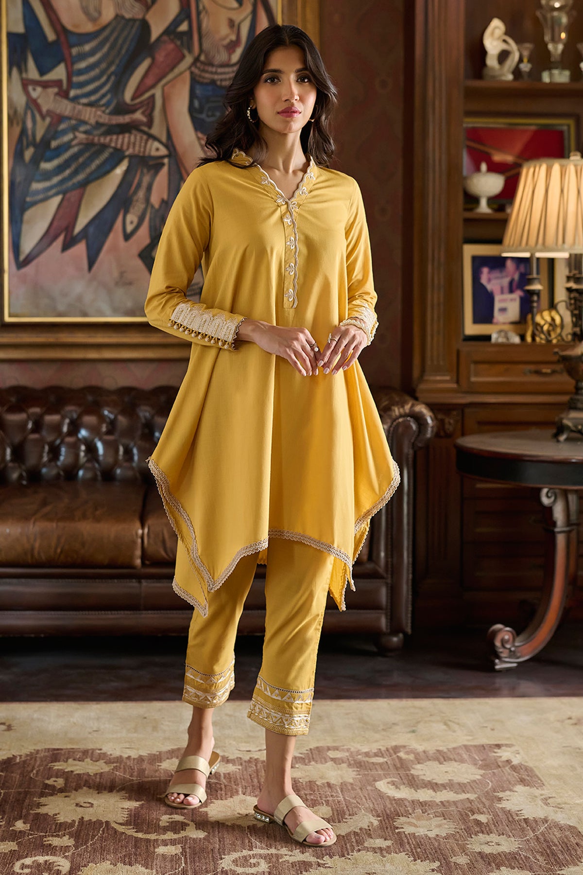 DC-2218 MUSTARD 2PCS  EMBROIDERED KURTA WITH TROUSER