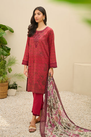 DU-3152 - REDISH-PLUM -  EMBROIDERED LAWN - 3PCS