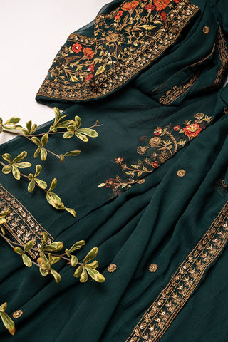 DA-2047 BOTTLE GREEN EMBROIDERED KURTA WITH DUPATTA