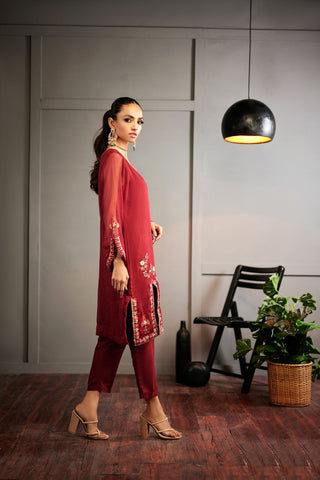 DA-1430 MAROON EMBROIDERED KURTA