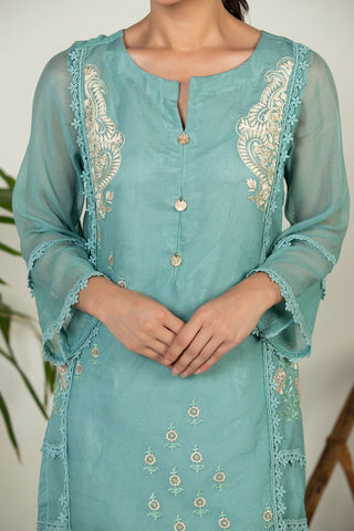 DA-1444 GREEN EMBROIDERED KURTA