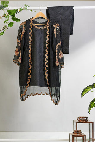 DA-1457 BLACK EMBROIDERED KURTA  WITH TROUSER