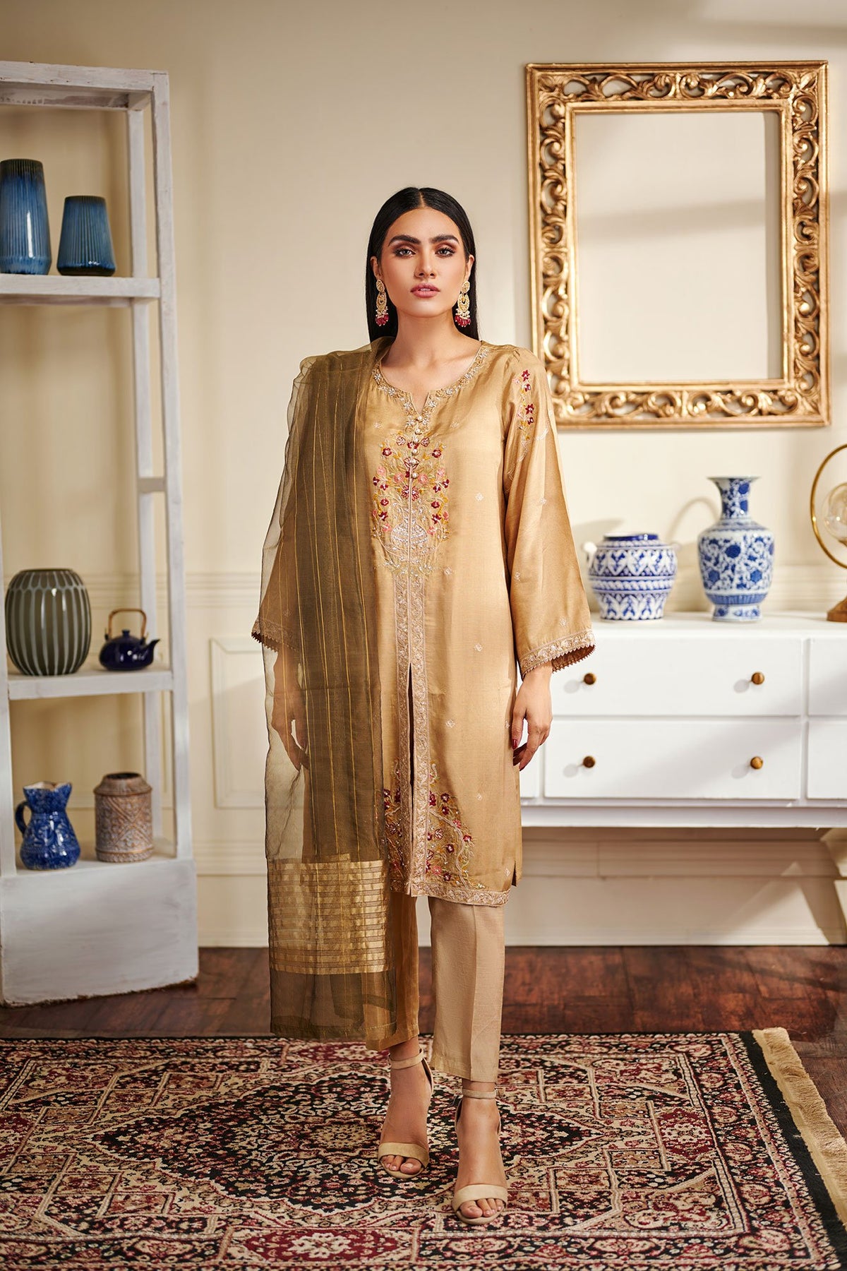 DA-1461 Beige EMBROIDERED KURTA WITH DUPATTA