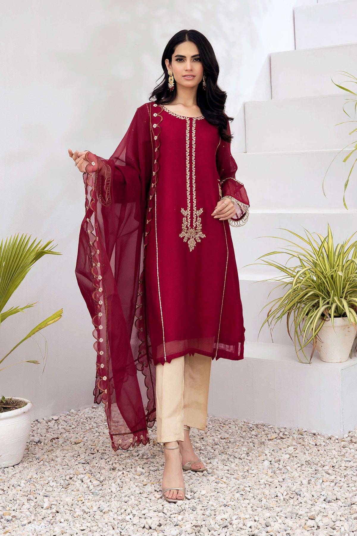 DA-2005 MAROON EMBROIDERED KURTA WITH DUPATTA