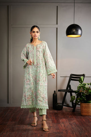 DA-2009 GREEN EMBROIDERED KURTA  WITH TROUSER