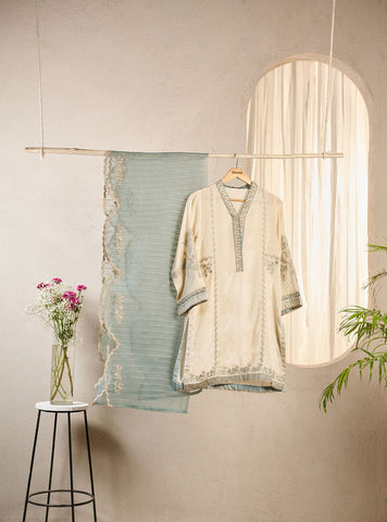 DA-2014 CREAM EMBROIDERED KURTA WITH DUPATTA
