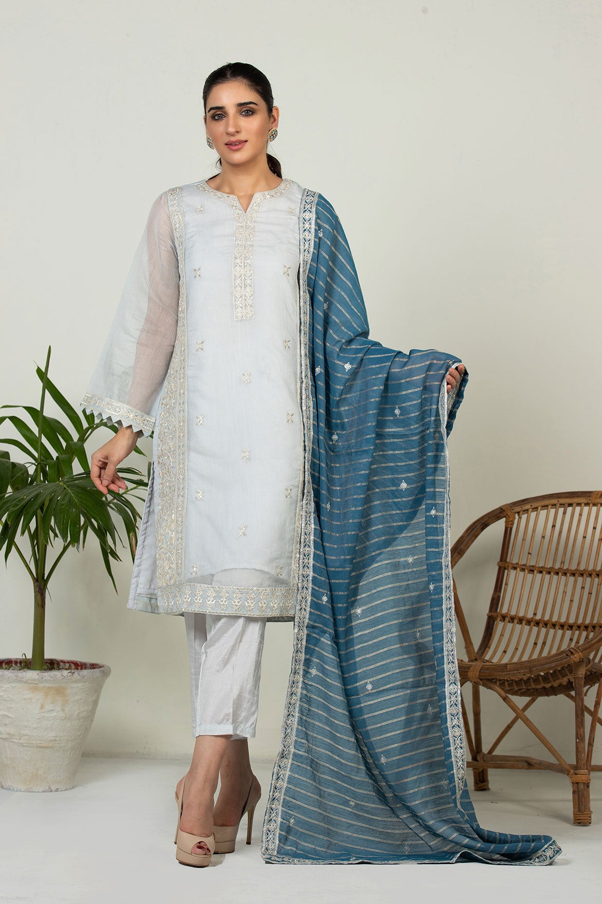 DA-2015 SKY BLUE EMBROIDERED KURTA  WITH DUPATTA