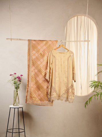 DA-2022 BEIGE EMBROIDERED KURTA WITH DUPATTA