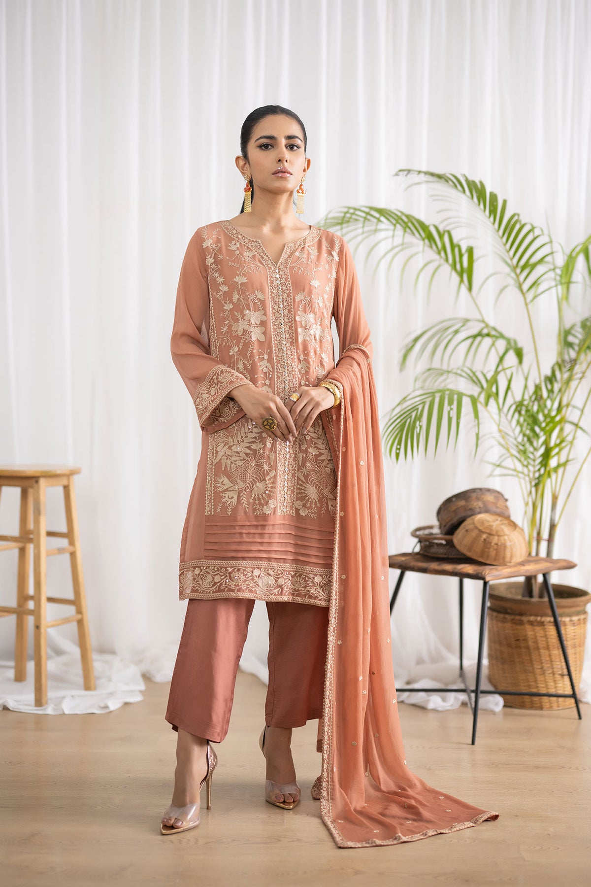 DA-2046 RUST EMBROIDERED KURTA WITH DUPATTA