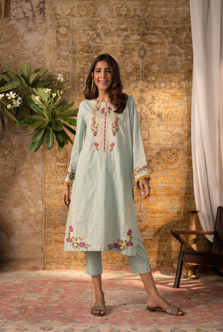 DC-2064 AQUA BLUE 2PCS  EMBROIDERED KURTA WITH TROUSER