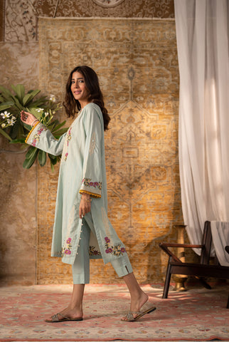 DC-2064 AQUA BLUE 2PCS  EMBROIDERED KURTA WITH TROUSER