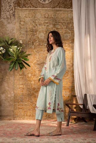 DC-2064 AQUA BLUE 2PCS  EMBROIDERED KURTA WITH TROUSER