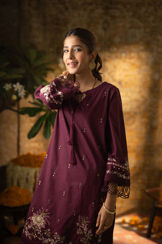 DC-2063 PURPLE 2PCS  EMBROIDERED KURTA WITH TROUSER
