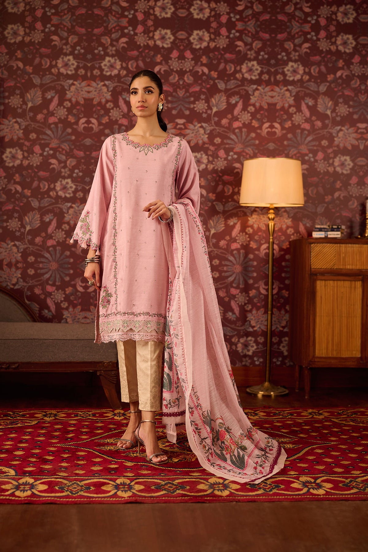 DA-2073 PINK EMBROIDERED KURTA WITH DUPATTA