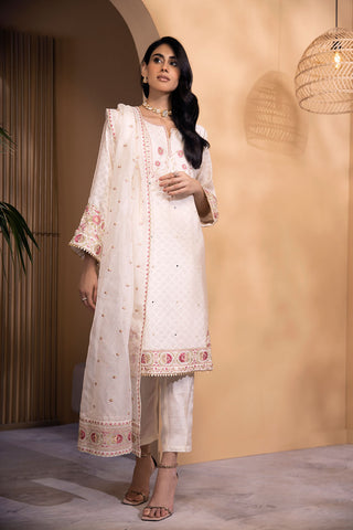 DA-2080 OFF WHITE 2PCS  EMBROIDERED KURTA WITH DUPATTA