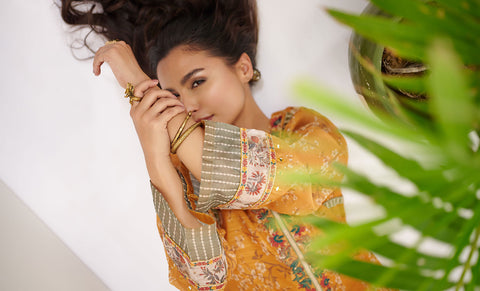 DC-0389 MUSTARD 2PCS  EMBROIDERED KURTA WITH TROUSER
