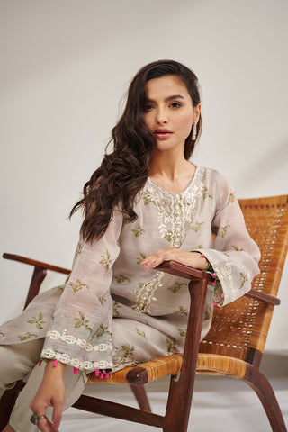 DC-0390 BEIGE 2PCS  EMBROIDERED KURTA WITH TROUSER