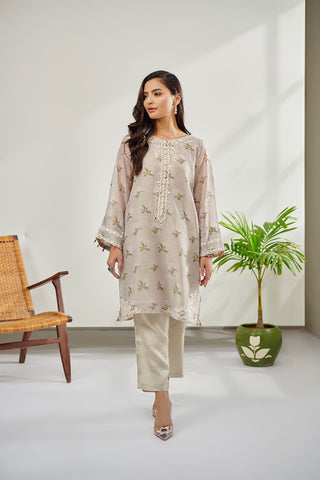 DC-0390 BEIGE 2PCS  EMBROIDERED KURTA WITH TROUSER