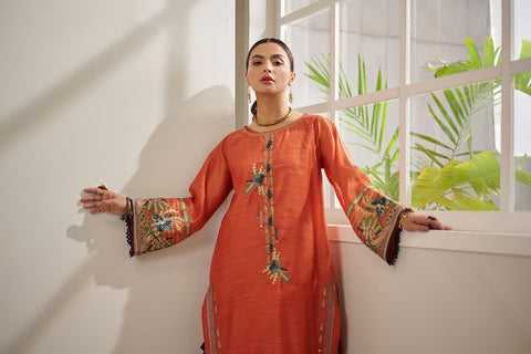 DC-0412 RUST 2PCS  EMBROIDERED KURTA WITH TROUSER