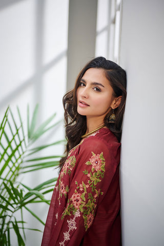 DC-0414 MAROON 2PCS  EMBROIDERED KURTA WITH TROUSER