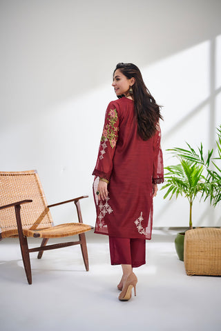 DC-0414 MAROON 2PCS  EMBROIDERED KURTA WITH TROUSER