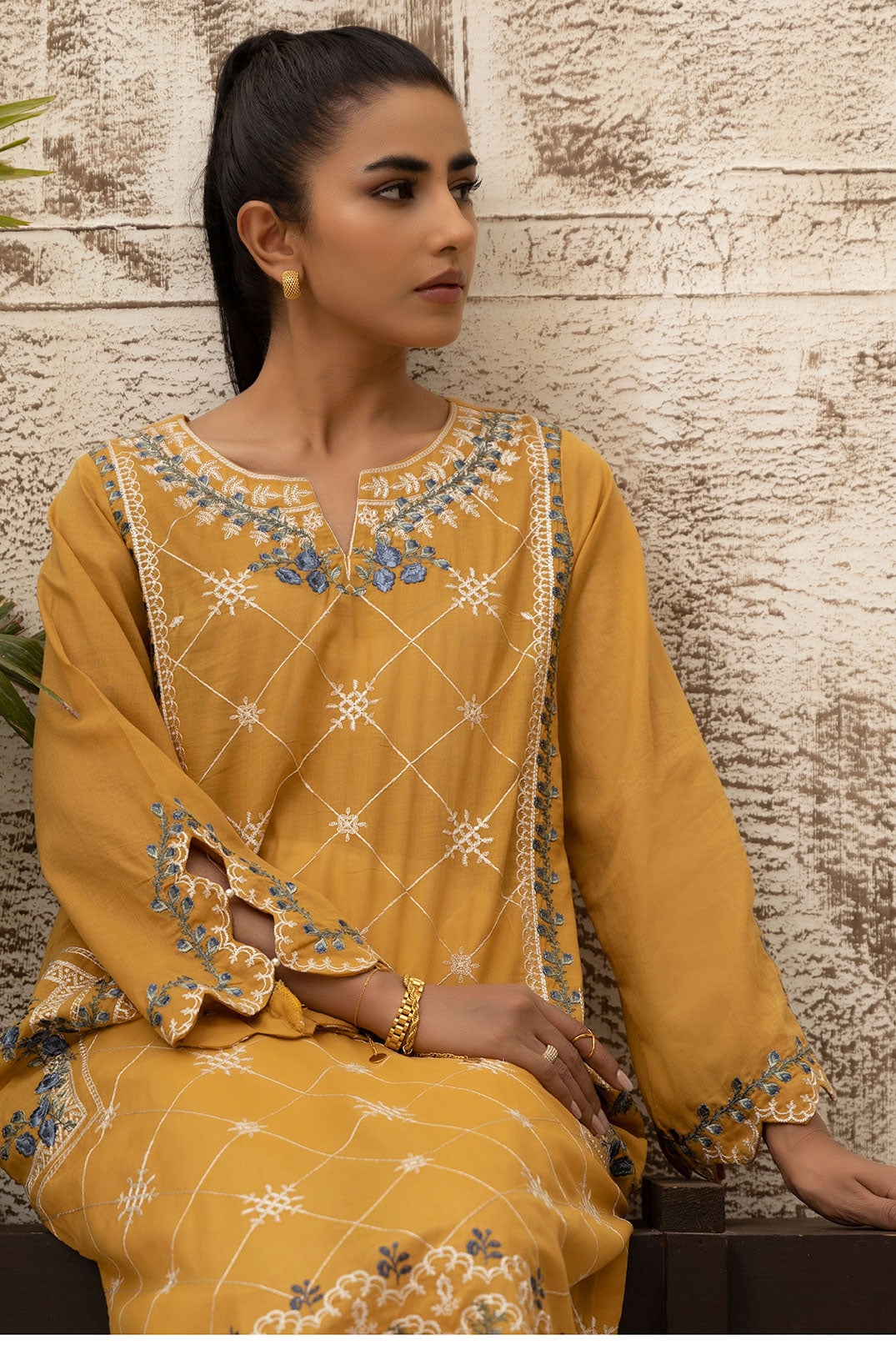 DC-0470 MUSTARD DYED EMBROIDERED KURTA