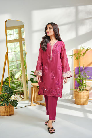 DC-2007 PLUM 2PCS  EMBROIDERED KURTA WITH TROUSER