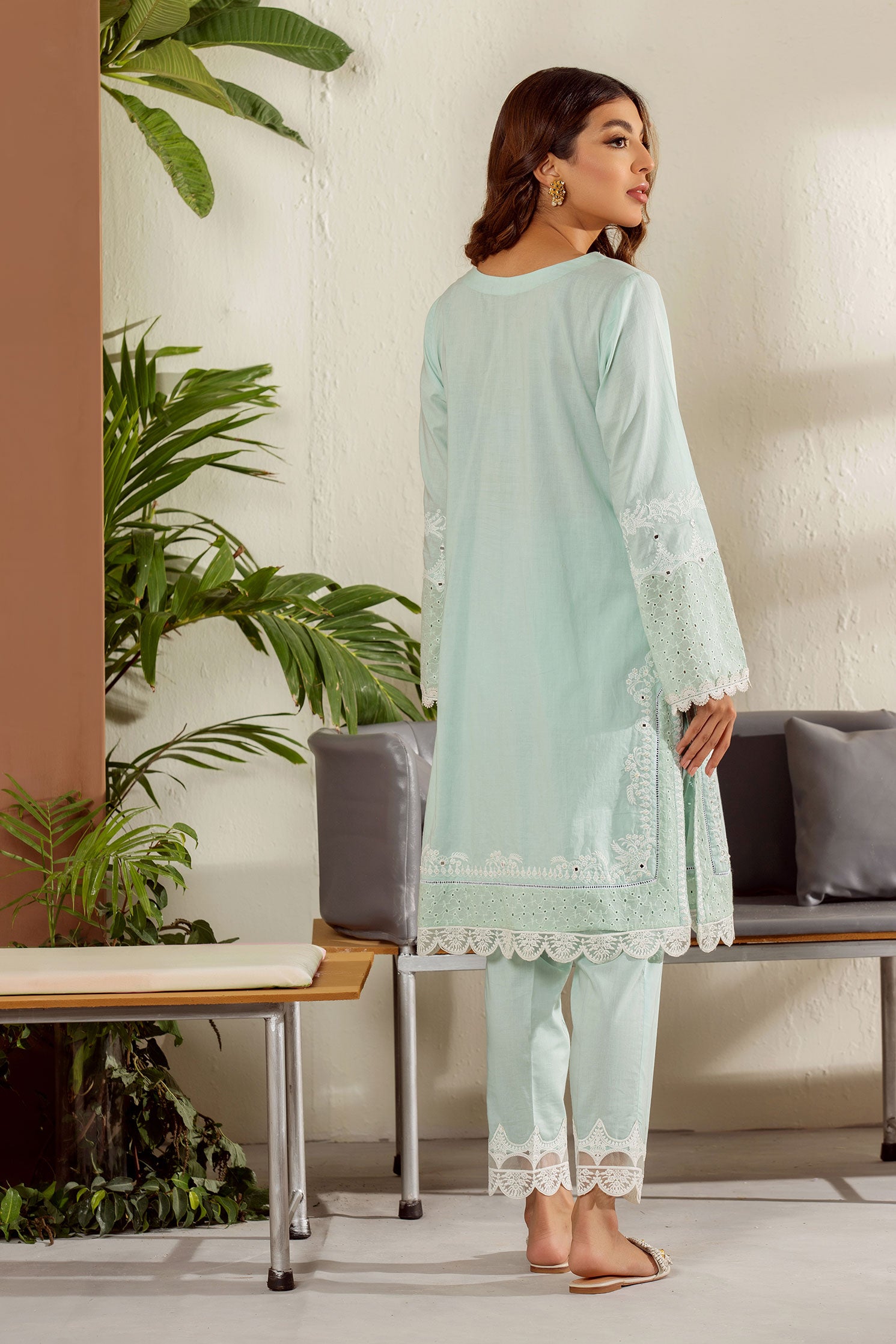 DC-2016 L-GREEN 2PCS EMBROIDERED KURTA WITH TROUSER