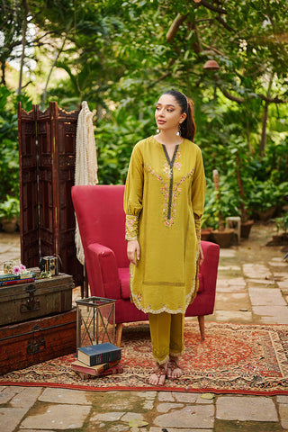 DC-2021 GREEN 2PCS EMBROIDERED KURTA WITH TROUSER