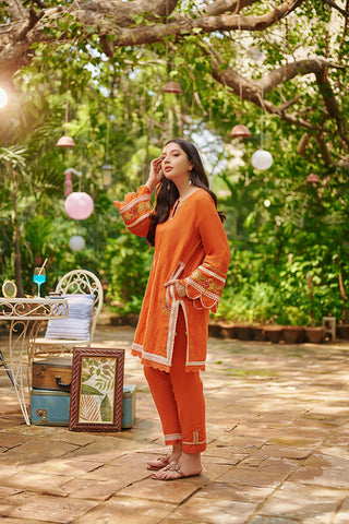 DC-2023 ORANGE 2PCS EMBROIDERED KURTA WITH TROUSER