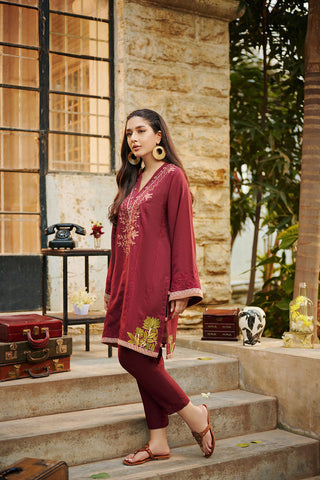 DC-2028 MAROON 2PCS EMBROIDERED KURTA WITH TROUSER