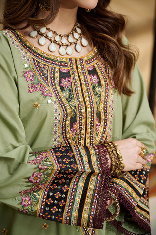 DC-2033 GREEN 2PCS  EMBROIDERED KURTA WITH TROUSER