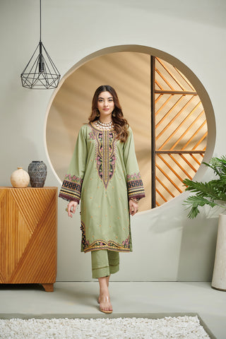 DC-2033 GREEN 2PCS  EMBROIDERED KURTA WITH TROUSER