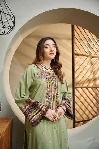 DC-2033 GREEN 2PCS  EMBROIDERED KURTA WITH TROUSER