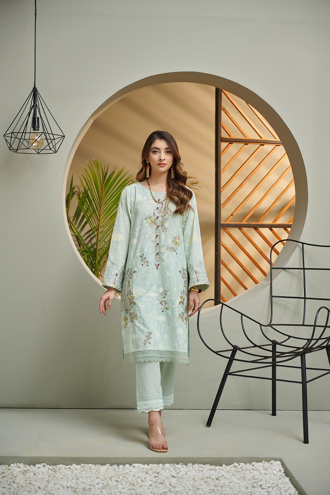 DC-2035 LIGHT GREEN 2PCS  EMBROIDERED KURTA WITH TROUSER