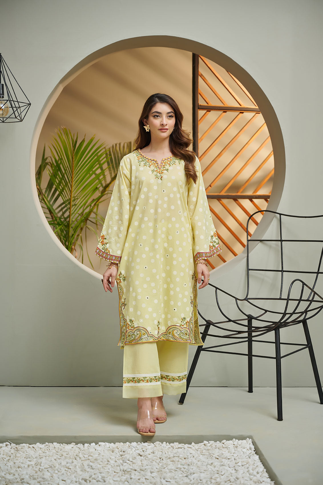 DC-2036 YELLOW 2PCS  EMBROIDERED KURTA WITH TROUSER