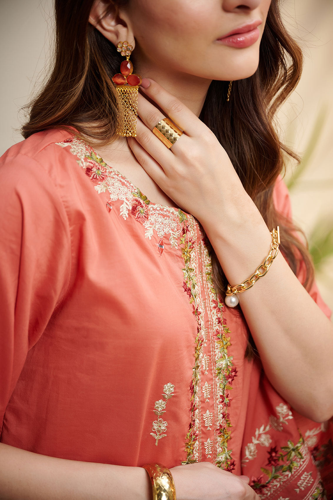DC-2043 ORANGE 2PCS  EMBROIDERED KURTA WITH TROUSER