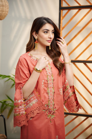 DC-2043 ORANGE 2PCS  EMBROIDERED KURTA WITH TROUSER
