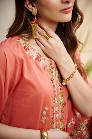 DC-2043 ORANGE 2PCS  EMBROIDERED KURTA WITH TROUSER